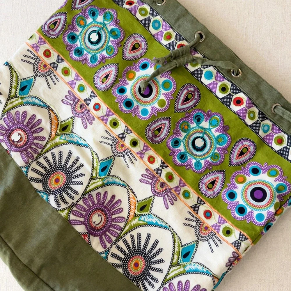 Boho Green Cotton Canvas Embroidered‎ Floral Mirror Sequin Tote Bag Crossbody